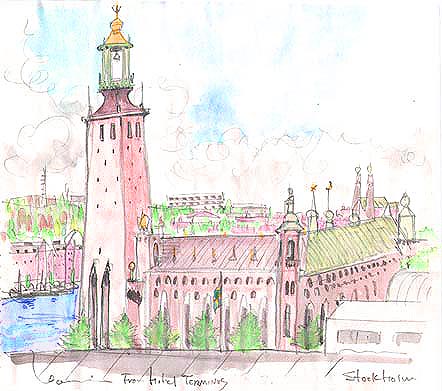 スェーデン／ストックホルムの駅前ホテルから
 ストックホルム市庁舎を見る